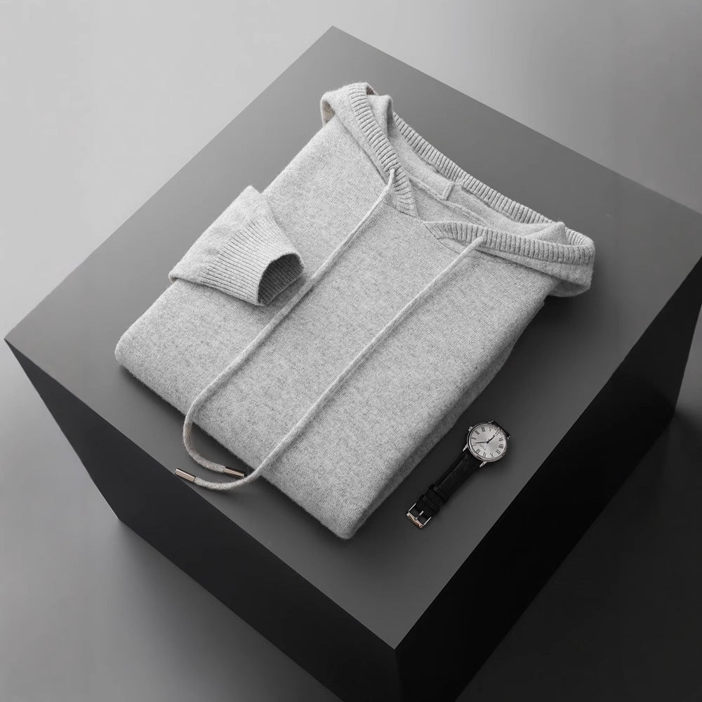 Men's Solid Color Loose Knitted Hooded Long Sleeve Base Sweater