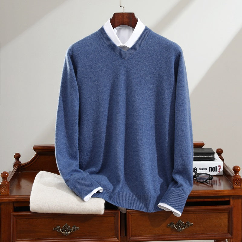 Men's Cashmere Sweater Pure Cashmere V-neck Long Sleeve Knitted Sweater