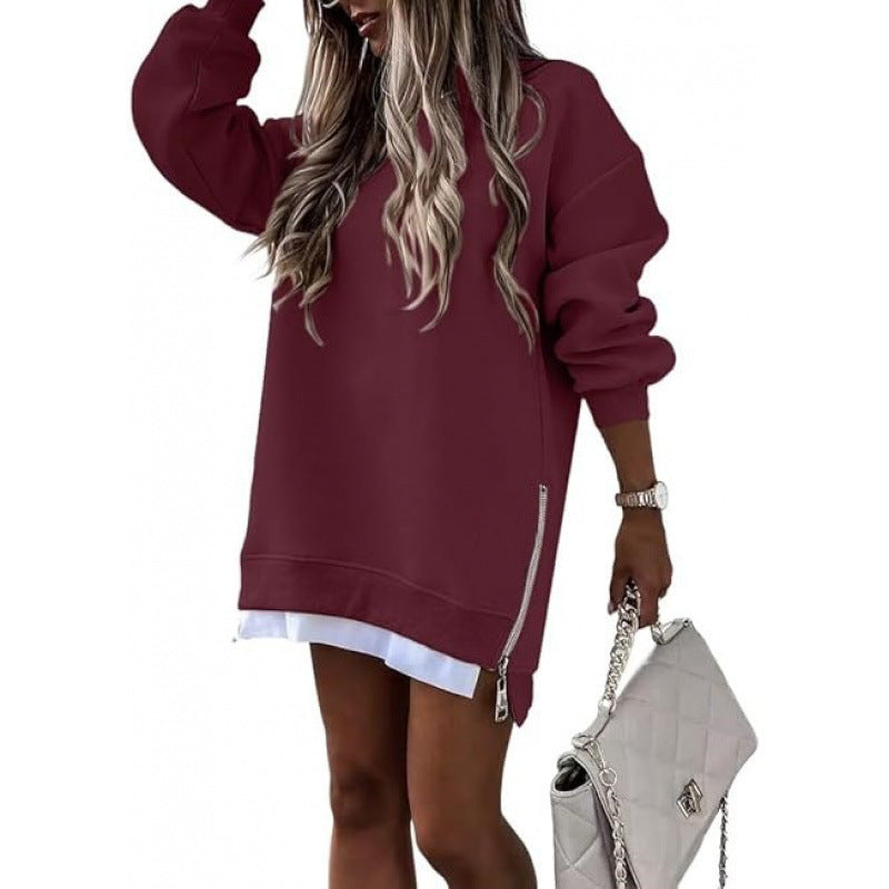 Fall Winter Fashion Stitching Side Zipper Design Pullover Sweater For Women