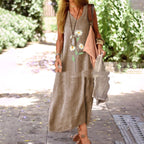 Large Design Cotton And Linen Retro Printed V-neck Dress