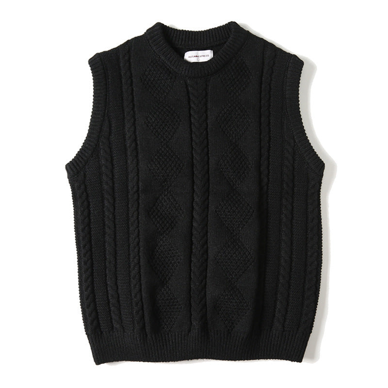 Jacquard Round Neck Knitted Loose Thickened Cable-knit Sweater Vest Tide