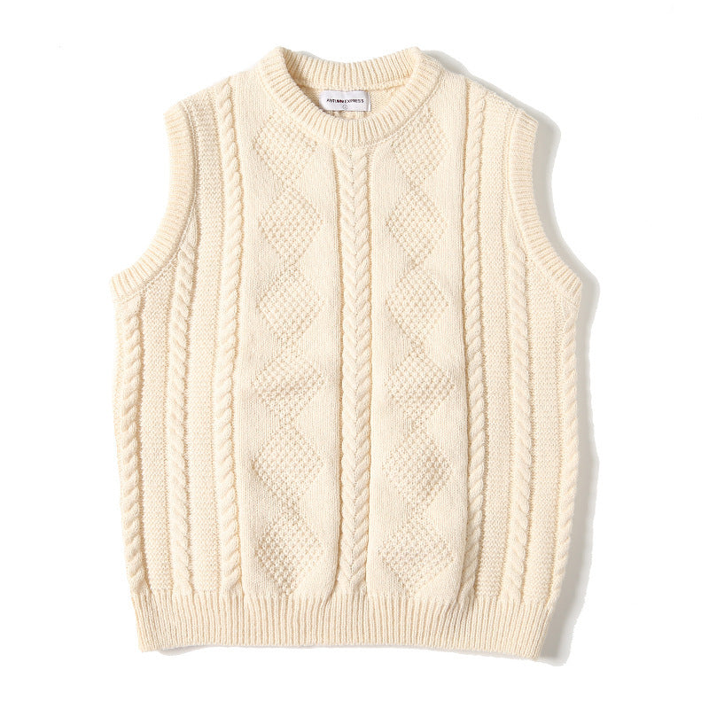 Jacquard Round Neck Knitted Loose Thickened Cable-knit Sweater Vest Tide