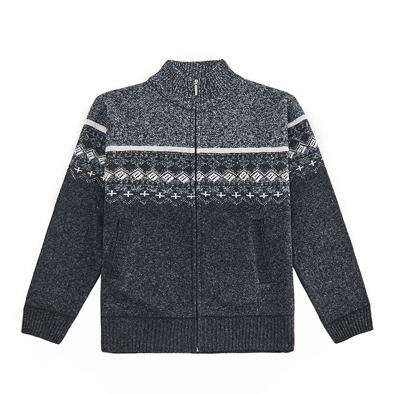 Velvet Thickening Sweater Men's Stand Collar Assorted Colors Retro Jacquard Knitted Cardigan