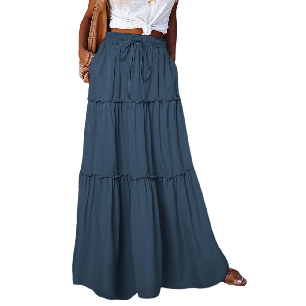 Women's Layered High Waist Elastic Lace-up Skirt With Wooden Ears