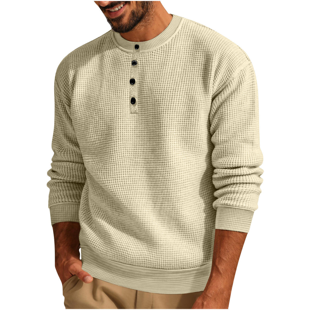 Solid Color Loose Casual Round Neck Long Sleeve Waffle Henley Shirt