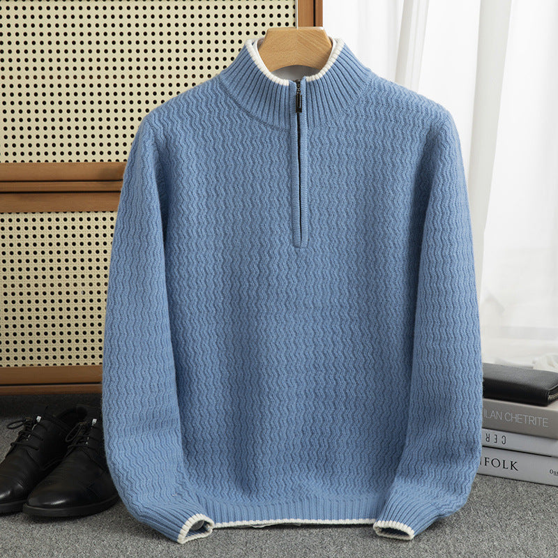 Men's Woolen Sweater Half-open Collar Long Sleeve Solid Color Stand Collar Sweater