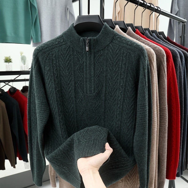 All Wool Men's Sweater Half Turtleneck Zipper Sweater