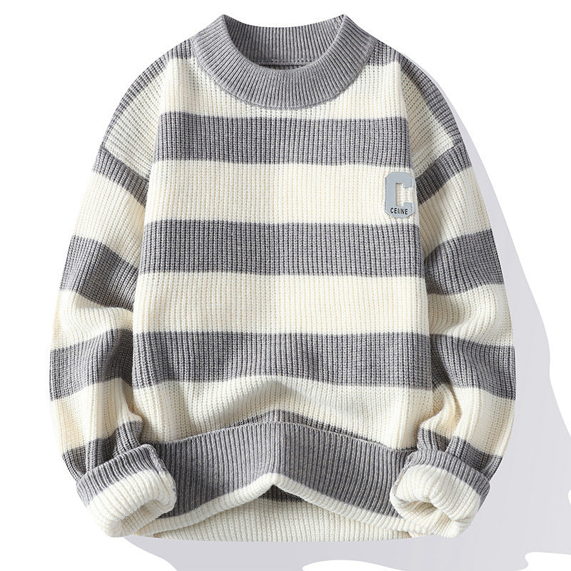 Autumn Letter Stripes Mock Neck Sweater Handsome Man Knitwear Tide