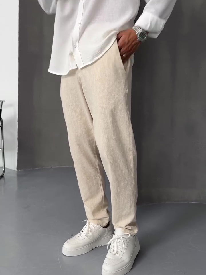 Beige Linen Straight-leg Pants