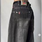 High Waist Retro Distressed Black Gray Wide-leg Jeans