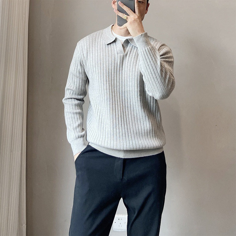 Lightly Mature Spring And Autumn Stripes Lapel Boys Texture Loose Elastic Knitted Sweater