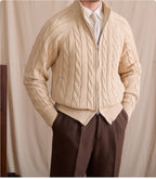 Pure Cotton Knitted British Thickened Heavy Weight Twisted Double Zipper Cardigan