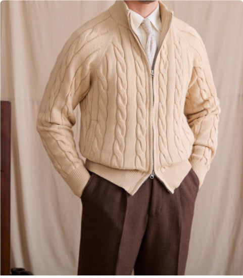 Pure Cotton Knitted British Thickened Heavy Weight Twisted Double Zipper Cardigan