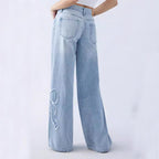 Women's Straight Trousers Embroidered Side Frayed Butterfly Jeans Street Design Hot Girl Baggy Pants