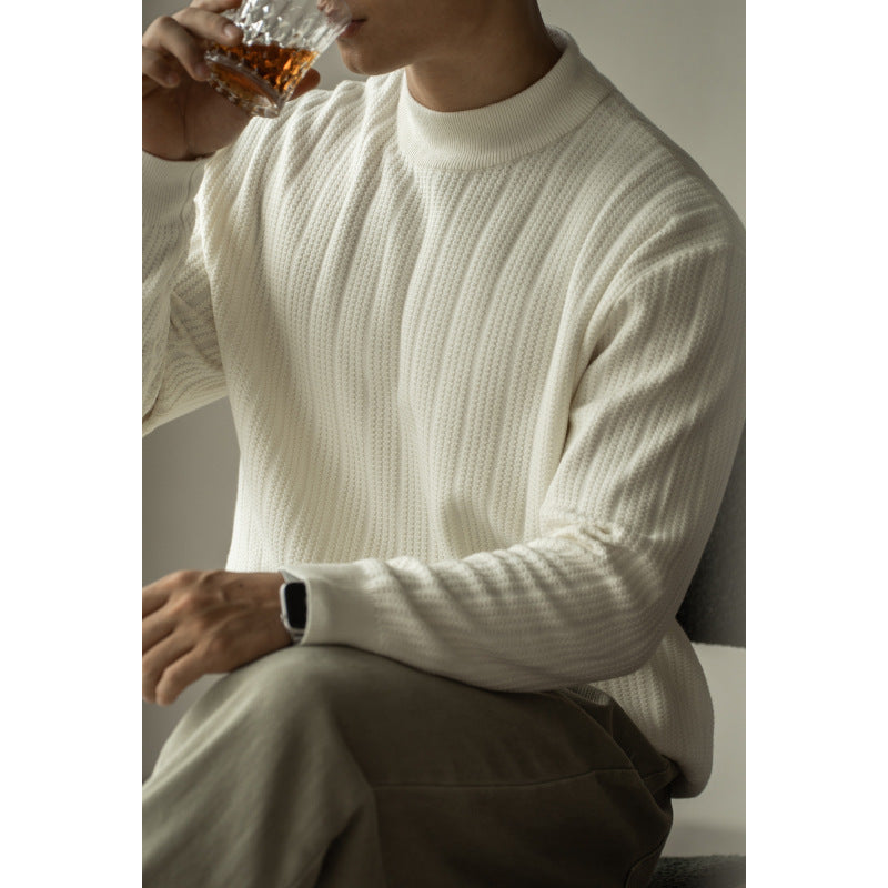Half Turtleneck Bottoming Mid Collar Sunken Stripe Knitwear Sweater For Men