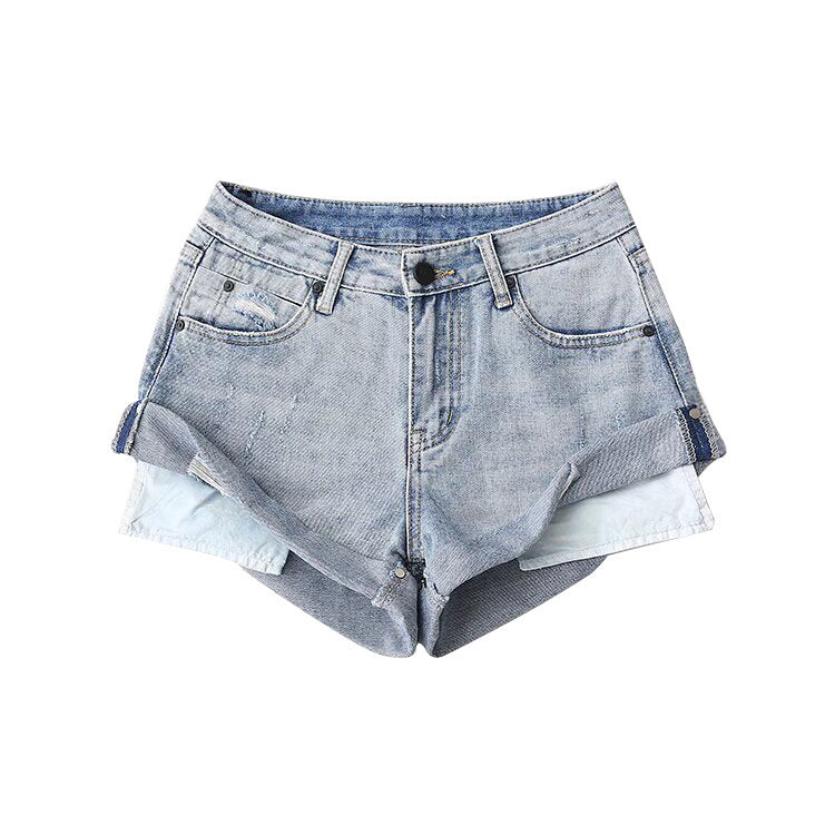Flanging Low Waist One Button Casual Denim Shorts