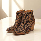 Leopard Pointed Ankle High-top Back Zipper Pull-up Boots For Women