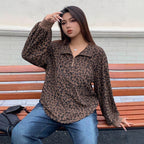 Casual Leopard Print Corduroy Zip-up Long Sleeve Sweatshirt For Women