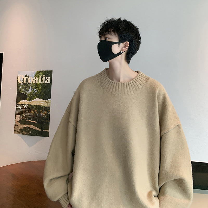 Spring And Autumn Ins Fashion Brand Loose And Idle Solid Color Sweater Round Neck Sweater For Men