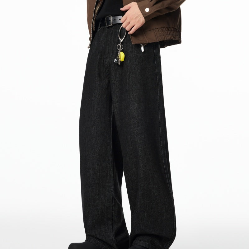 American Retro Black Raw Denim Jeans Autumn Loose A-line Wide Leg