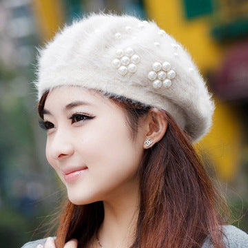 Women's Winter Korean Hats Trendy Pearl Rabbit Fur