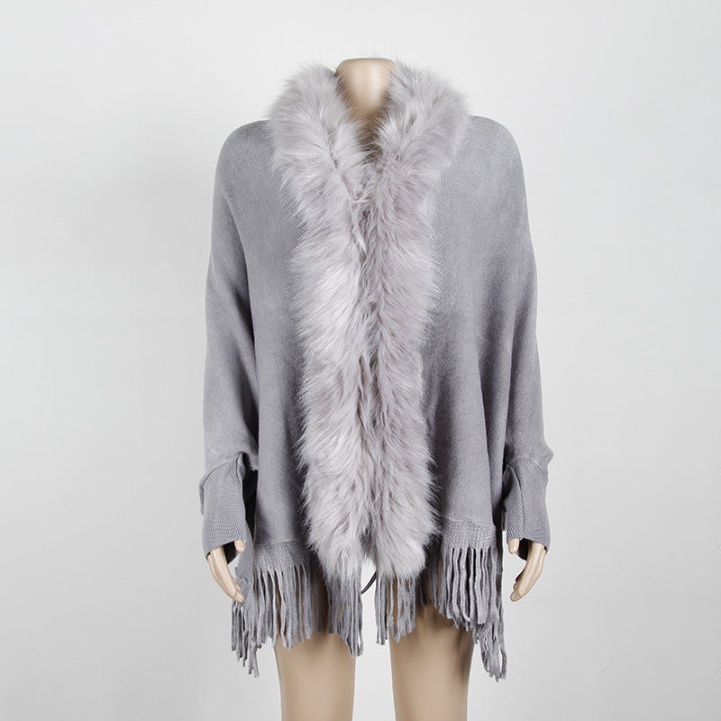 Autumn And Winter Fringed Cloak Shawl Fur Collar Solid Color Cardigan