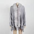 Autumn And Winter Fringed Cloak Shawl Fur Collar Solid Color Cardigan