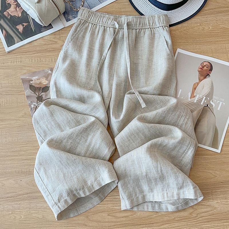 High Waist Drape Linen Cropped Straight Pants