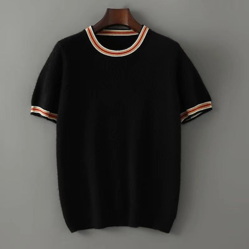 Round Neck Pure Wool Sweater Men's Short Sleeve Early