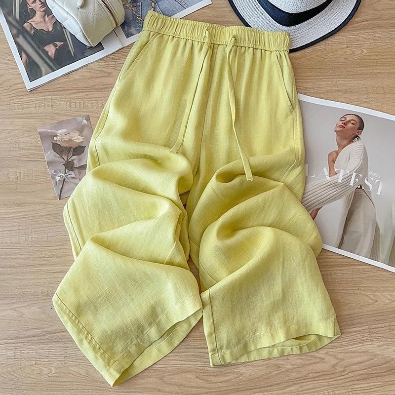 High Waist Drape Linen Cropped Straight Pants