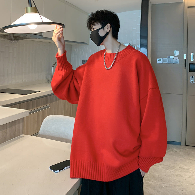 Spring And Autumn Ins Fashion Brand Loose And Idle Solid Color Sweater Round Neck Sweater For Men