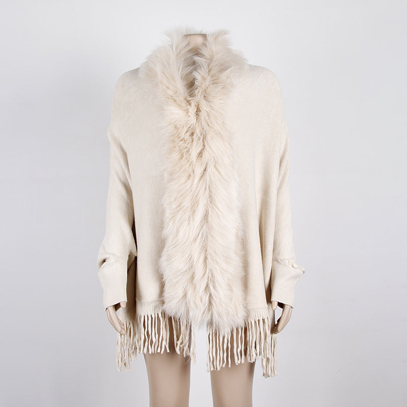 Autumn And Winter Fringed Cloak Shawl Fur Collar Solid Color Cardigan