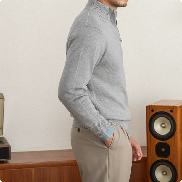 Men's Stand Collar Zippered Wool Sweater