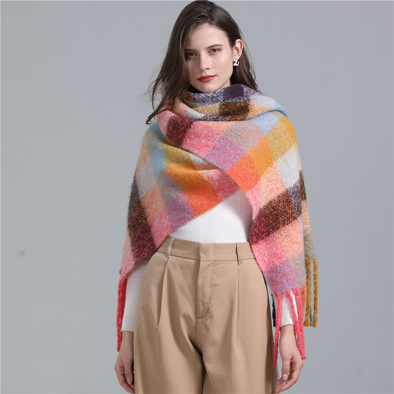 Scarf Plaid European And American Plus Long Fringe Bib Fashion Striped Color Matching Winter Scarf Shawl Thick Beard