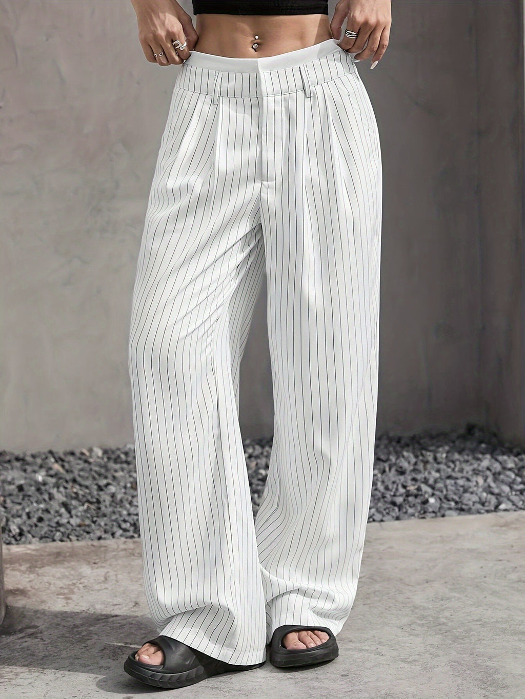 Stripe Printed Trousers Fashion High Waist Straight Leg Pants With Pocket Zipper Casual Suit Pants For Women