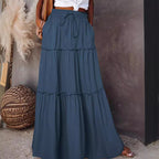 Women's Layered High Waist Elastic Lace-up Skirt With Wooden Ears