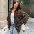 Casual Leopard Print Corduroy Zip-up Long Sleeve Sweatshirt For Women