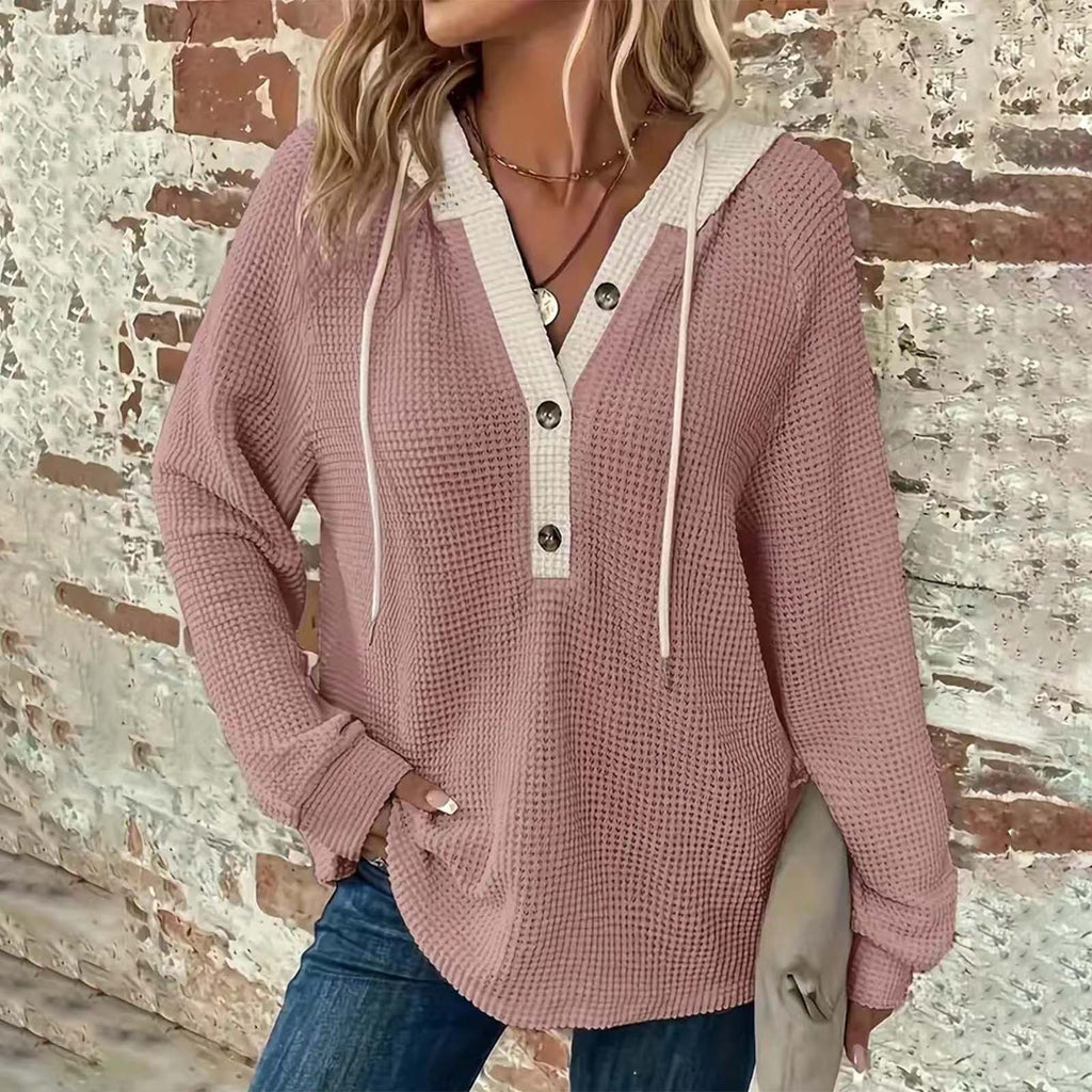 Women's Solid Color Waffle Hooded Button Loose Long Sleeve Sweatershirt