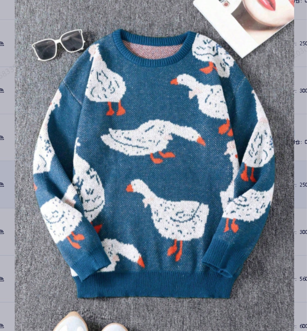 Men's Loose Casual Round Neck Printed Knitted Sweater