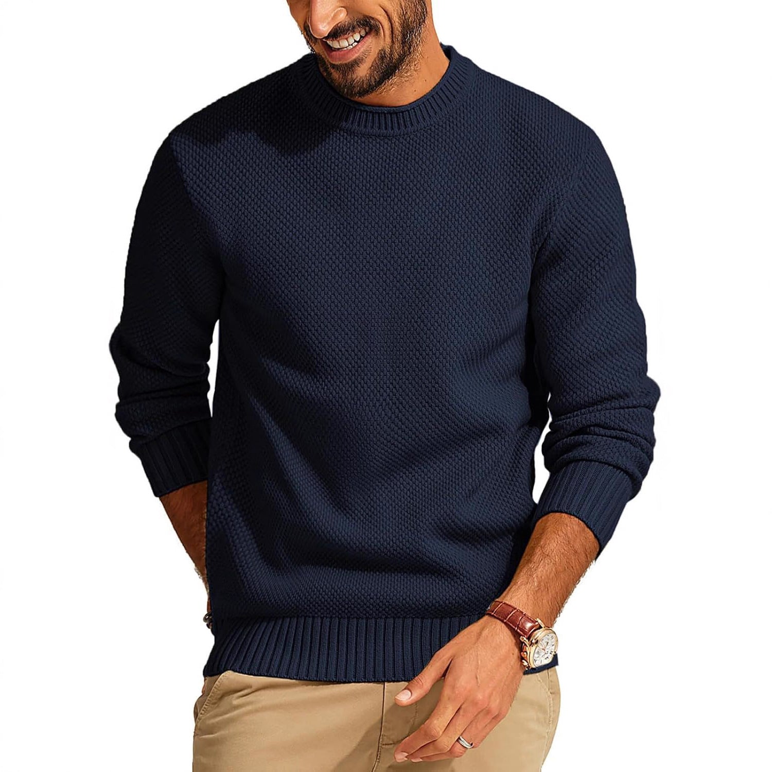 Round Neck Pullover Sweater Men's Waffle Sweater