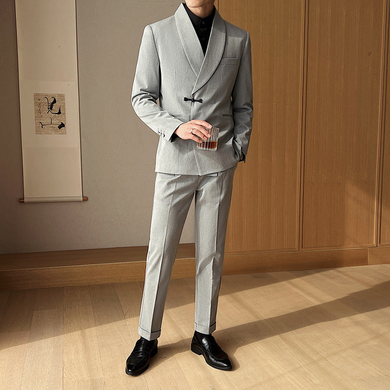 Men's Retro Solid Color Green Collar Suit Two-piece Set