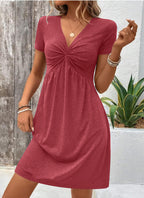 Color Cotton Short Sleeve V-neck Design Chest Twist Waist Dress