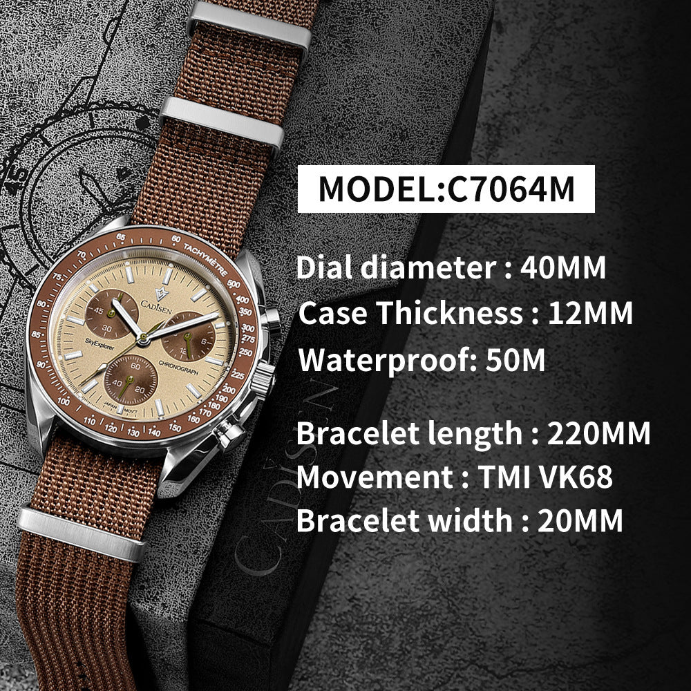 Cadisson Quartz Watch Movement Big Three Eyes Multi-functional Casual Waterproof