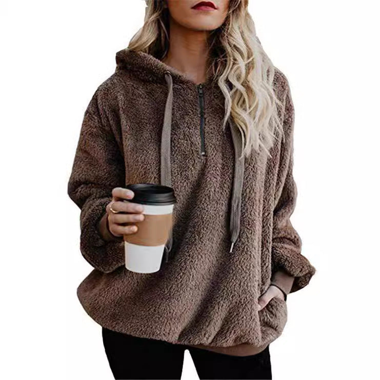 Long Sleeve Zipper Hooded Color Women's Sweatshirt Fleece Jacket