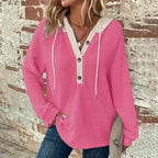 Women's Solid Color Waffle Hooded Button Loose Long Sleeve Sweatershirt