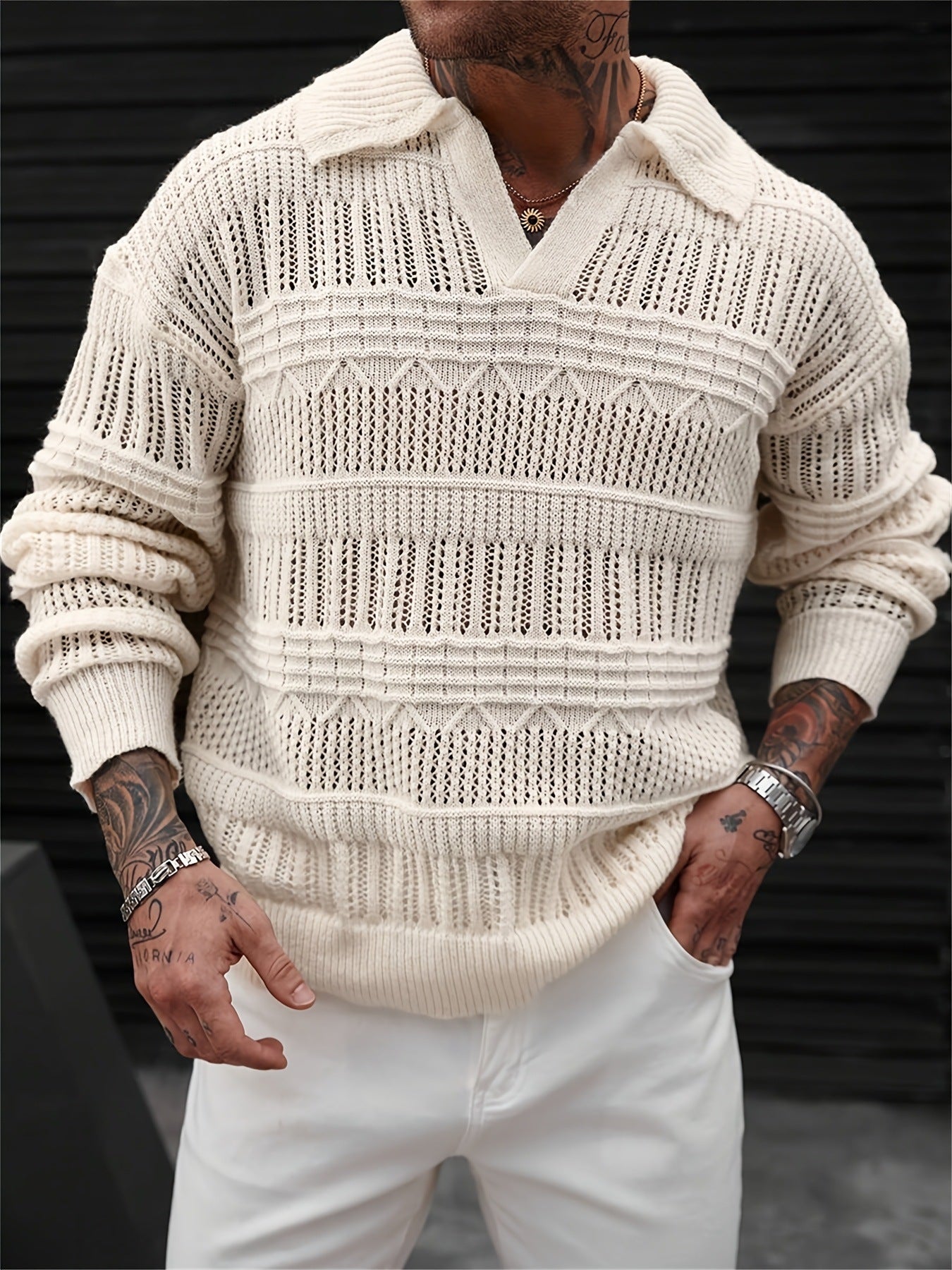 Men's Solid Color V-neck Street-like Lapel Hollow Knitwear