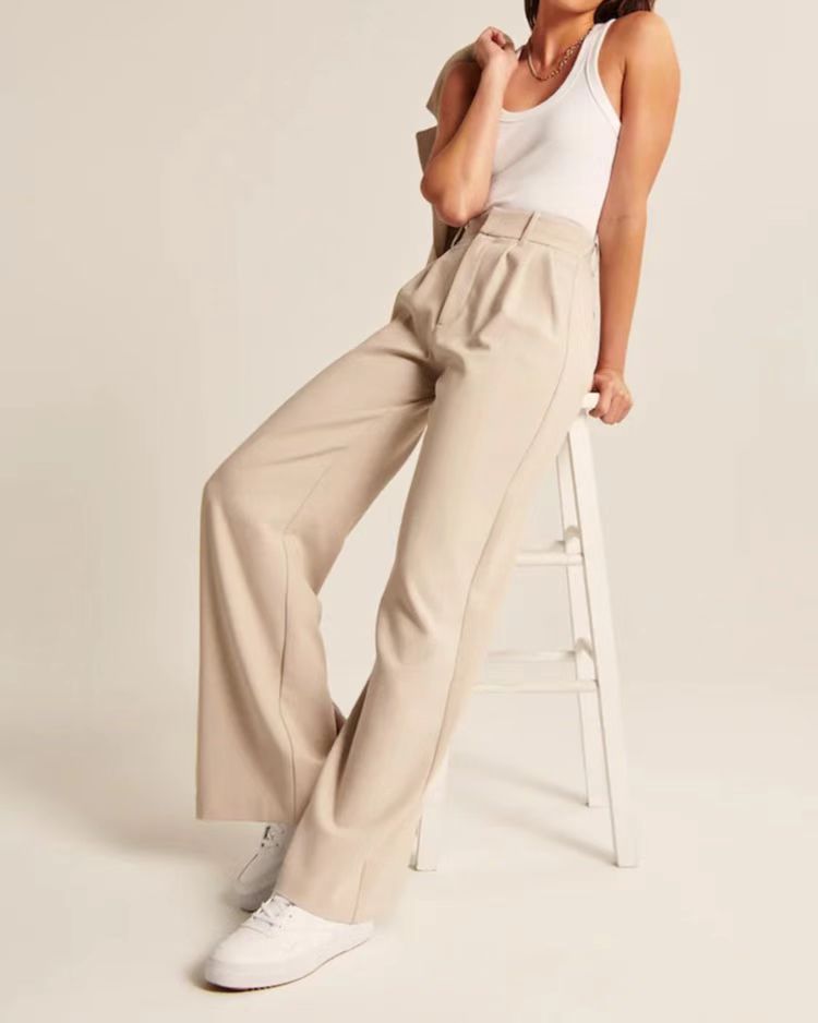 Commuter Drooping Slimming Solid Pocket High Waist Wide Leg Pants