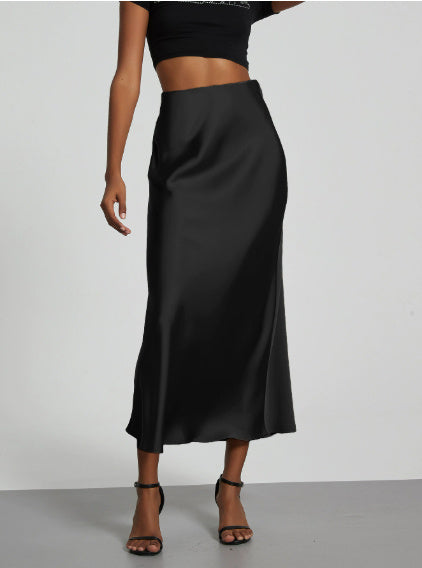 Women's Slim Fit Satin Skirt Fashion Chic Solid Long Skirt