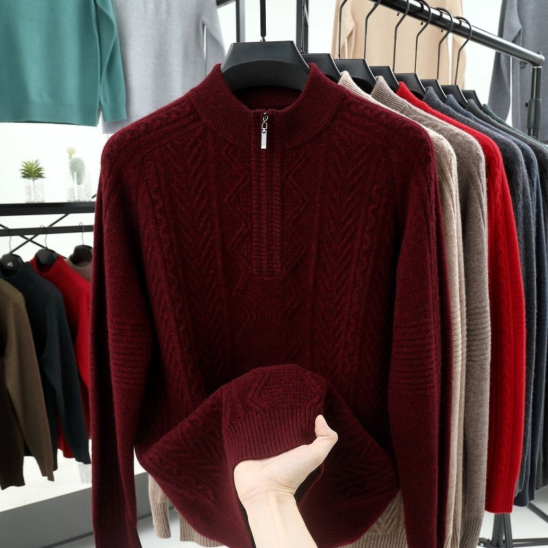 All Wool Men's Sweater Half Turtleneck Zipper Sweater