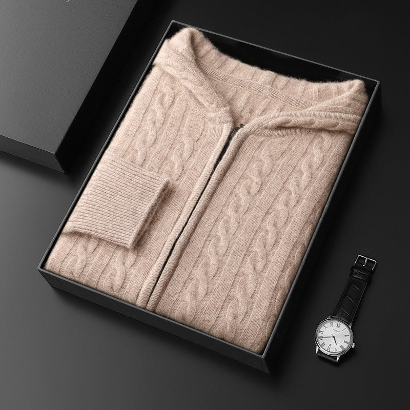 Men's Hooded Loose Long Sleeves Thick Twist Knitted Sweater